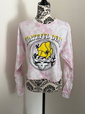 Grateful Dead Pink and Yellow Tie-Dye Skull Cropped Graphic Long Sleeve Sz S